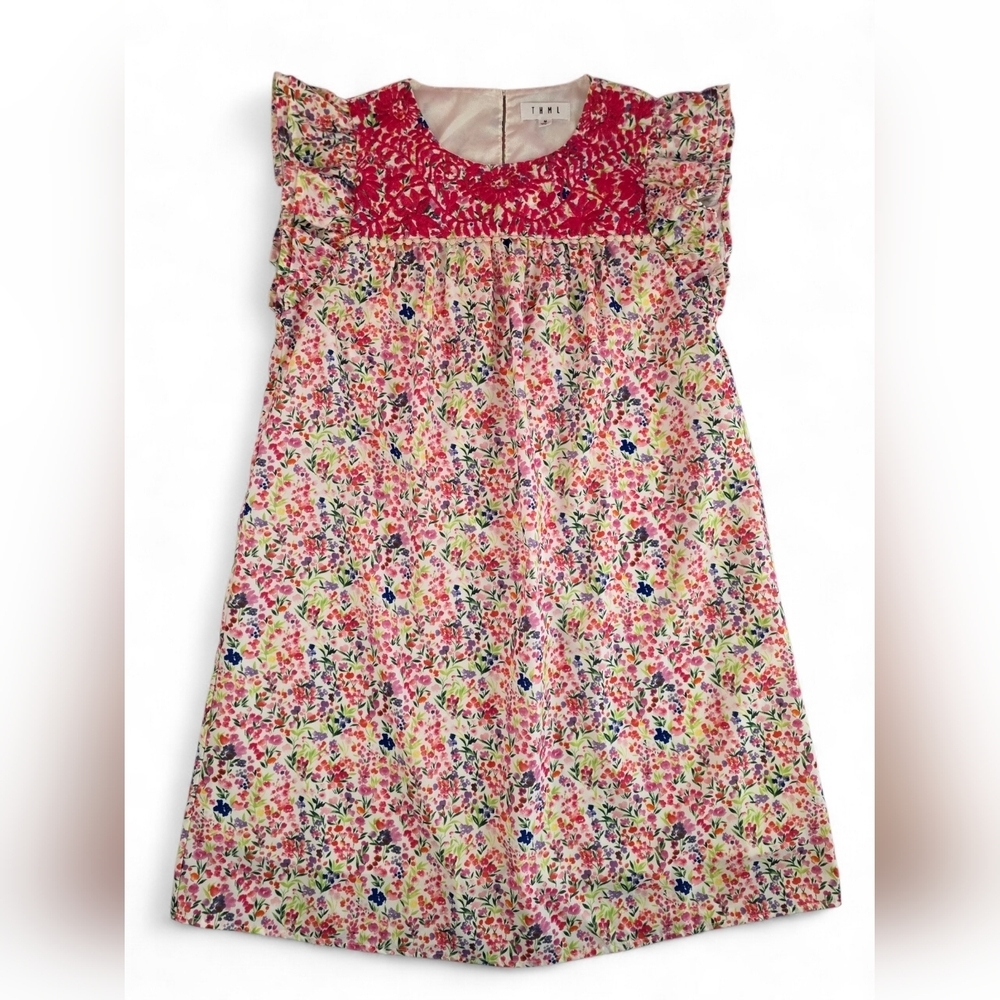 THML Floral Embroidered Ruffle Sleeve Shift Dress Women M Boho Cottagecore